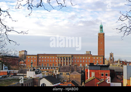 A view of the City Hall from the Castle mound at Norwich, Norfolk, England, United Kingdom. Stock Photo