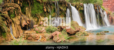 Eerie travertine formations at Navajo Falls on Havasu Creek in the Havasupai Indian Reservation, Arizona. Stock Photo