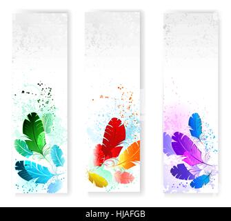 Three banners with colored feathers on gray grunge background Stock Vector
