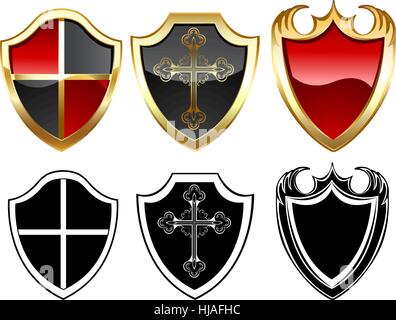 three gold and three black shield on a white background. Stock Vector