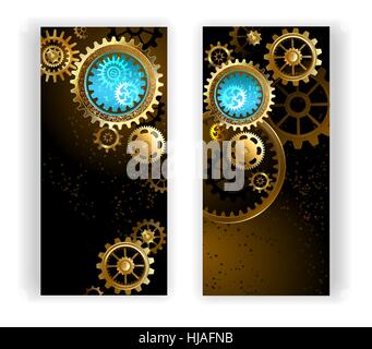 two banners with gold and brass gears on a dark background. Stock Vector