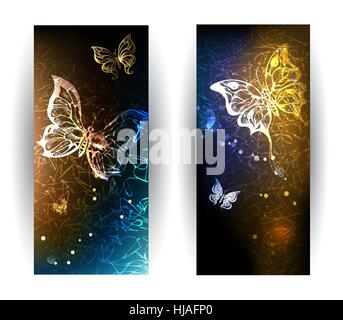 two vertical banner with glowing nocturnal butterflies on a black background. Stock Vector