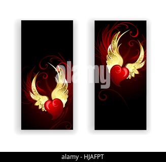 two banners with red hearts angel with golden wings on a black background. Stock Vector