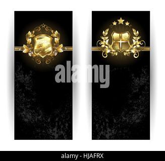 two vertical banner with gold shields on a black background Stock Vector