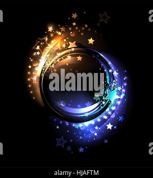 round banner with glowing warm yellow stars and cold, blue stars Stock Vector