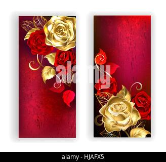 two banners with gold and red roses on red textural background. Design with roses. Gold rose. Stock Vector
