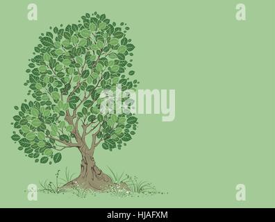 vector artistically painted tree with green leaves on a green background. Stock Vector