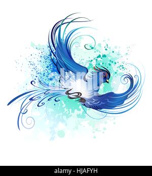 artistically painted, flying blue bird on a light background. Stock Vector