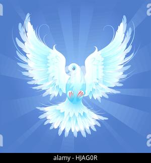 White, artistically painted, flying dove on a blue radiant background Stock Vector