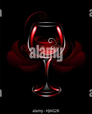 artistically painted, glowing glass with red wine on a black background, decorated with abstract red flower Stock Vector