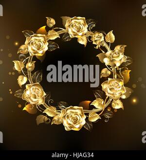wreath of gold, jewelry roses on a black background.  Floral Frame. Design of roses. Stock Vector