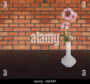 Vector illustration of pink flower in vase dot style on table and brick wall triangle pattern background Stock Vector