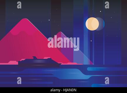 Mountains and boat night landscape - modern flat design illustration Stock Vector