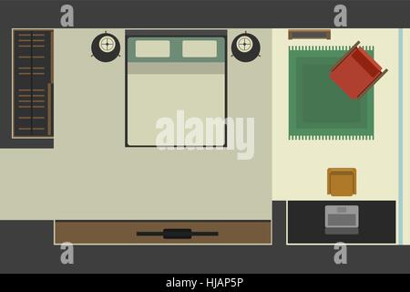 Bedroom in flat style, top view. Stock Vector