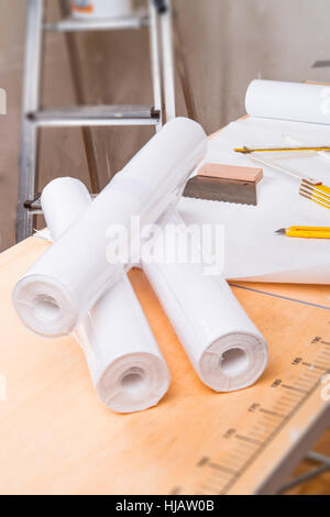 paper, academic work, painter, house painter, roll, renovation, yardstick, Stock Photo