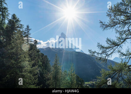 Sunlit view of Matterhorn, Zermatt, Canton Wallis, Switzerland Stock Photo