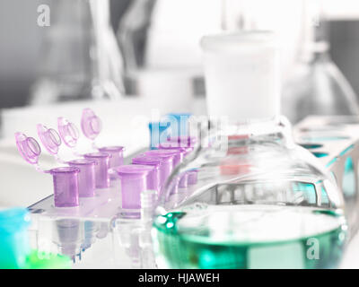 Microcentrifuge tubes awaiting samples during a analytical experiment in the laboratory Stock Photo