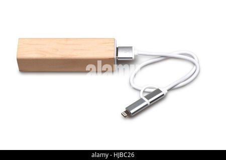Wooden portable external power bank, for emergency phone recharge isolated on white with clipping path Stock Photo