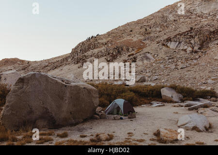 Dome tent in rocky landscape, Mineral King, Sequoia National Park, California, USA Stock Photo