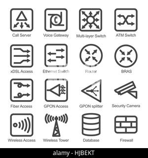 Network Equipment Icon Set - Isolated Vector Illustration. Simplified line design. Black icons collection on white bacground. Stock Vector