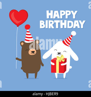 Birthday greeting card with cute cartoon bear and bunny rabbit holding balloon and gift Stock Photo