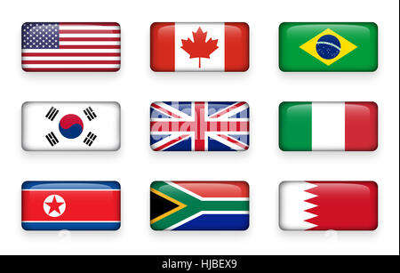 Set of world flags round rectangle buttons ( USA . Canada . Brazil . South korea . United kingdom of great britain . Italy . North korea . South afric Stock Photo