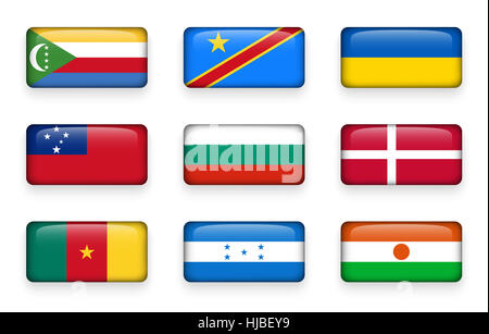 Set of world flags rectangle buttons ( Comoros . Democratic Republic of the Congo . Ukraine . Samoa , Bulgaria . Denmark . Cameroon . Honduras . Niger Stock Photo