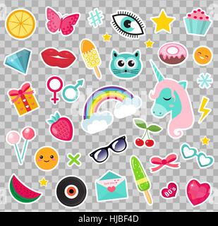 Fashion set of patches 80s comic style. Pins, badges and stickers Collection cartoon pop art with a unicorn, rainbow, lips, emoji. Vector illustration. Stock Vector