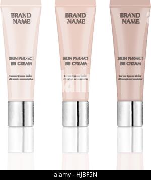 BB cream realistic package set with different shades, isolated on white background. 3d tube mock-up product cosmetics. Vector illustration. Stock Vector