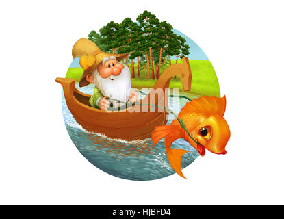 The character of the old fisherman swims on the wood boat with funny goldfish, cartoon illustration. Stock Photo