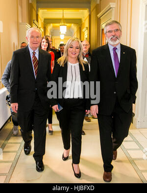 Newly appointed Sinn Fein leader for Stormont Michelle O'Neill (centre) with Martin McGuiness (left), and Gerry Adams (right) at Stormont Buildings. Stock Photo