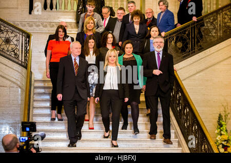 Newly appointed Sinn Fein leader for Stormont Michelle O'Neill (front centre) walks into the Great Hall at Stormont with party colleagues. Stock Photo
