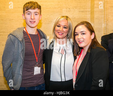 Newly appointed Sinn Fein Stormont leader for Sinn Fein Michelle O'Neill with her son Ryan and daughter Soairse at Parliament Buildings. Stock Photo