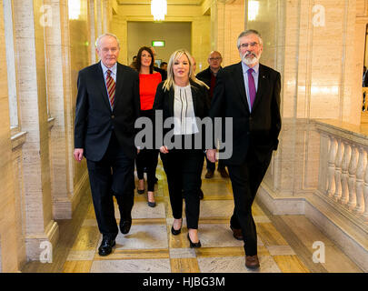 Newly appointed Sinn Fein leader for Stormont Michelle O'Neill (centre) with Martin McGuiness (left), and Gerry Adams (right) at Stormont Buildings. Stock Photo