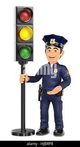 3d security forces people illustration. Police with a traffic light in amber. Isolated white background. Stock Photo