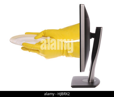 Computer monitor on white background. Hands in gloves holding a plate. Stock Photo