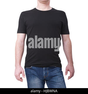 Man wearing blank black t-shirt isolated on white background with copy space. Tshirt design and people concept - close up of men in blank shirt. For mock up template design. Front view Stock Photo