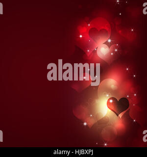 abstract holiday valentine red background with blurry hearts and lights Stock Photo