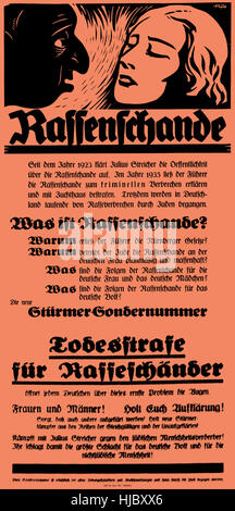 DER STÜRMER  Nazi propaganda newspaper 1923-1945. Anti-semitic poster  in 1935 listing what was considered as Rassenschande (racial shame). It includes the name of the paper's editor Julius Streicher who was hanged at Nuremburg in 1946. Stock Photo