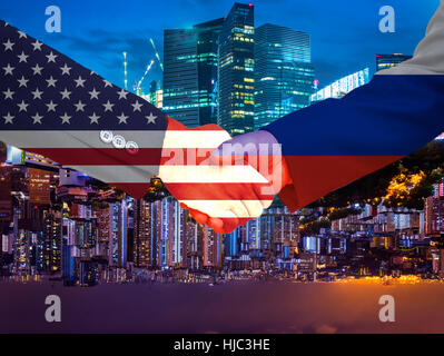 double exposure of handshake between USA and russia on double side cityscape background - can use to display or montage on product Stock Photo