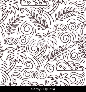 seamless hand-drawn pattern with palm trees and clouds Stock Vector