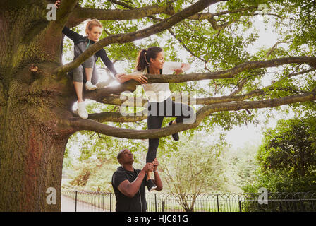 Personal trainer giving woman helping hand to climb park tree Stock Photo