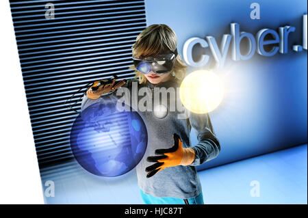 Boy in virtual reality headset interacting with floating digital earth, moon and sun Stock Photo