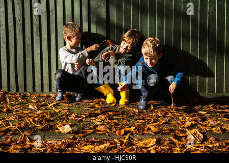 Three young boys, sitting against fence, surrounded by autumn leaves Stock Photo