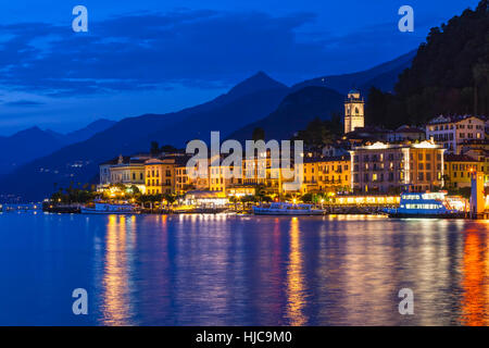 View of waterfront city lights at night, Lake Como, Italy Stock Photo