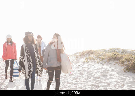 Young adult picnicking friends strolling onto beach, Western Cape, South Africa Stock Photo