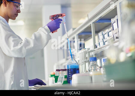 Scientist in laboratory using electronic pipette Stock Photo