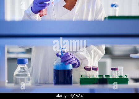 Scientist in laboratory using electronic pipette Stock Photo