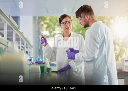 Scientist in laboratory using electronic pipette Stock Photo