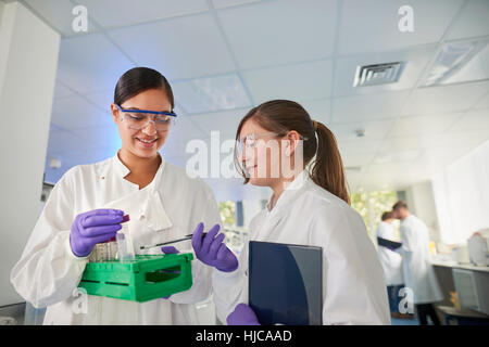 Scientists in laboratory discussing samples Stock Photo